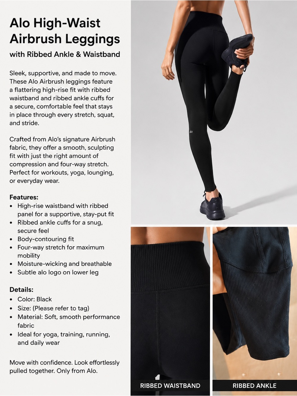 ALO Yoga Alo High-Waist Airbrush Leggings Ribbed Waistband/Ankle– Black Small - Picture 2 of 7